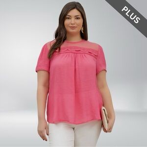 Plus Scallop Trim Sheer Lace Yoke Blouse - Fuchsia